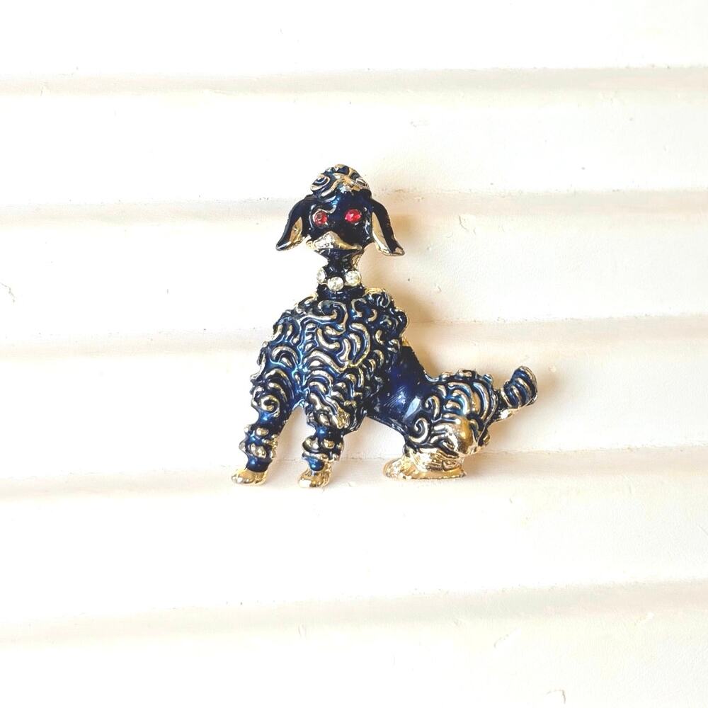 Vtg 50s 60s French Poodle Brooch Pin Red Rhinestone Eyes Enamel Clear Rhinestone